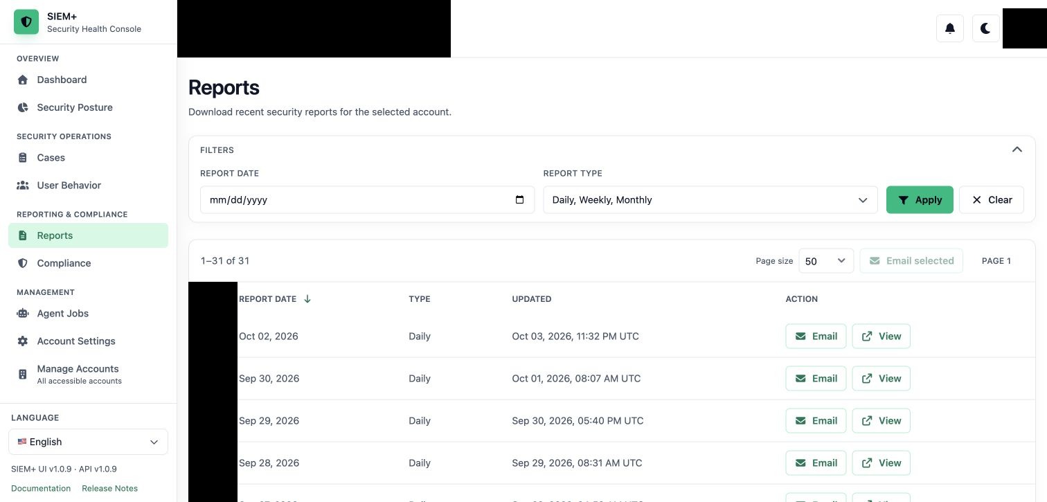 SIEM+ 1.0.9 Reports page with date and report-type filters expanded; account and personal identifiers are masked.